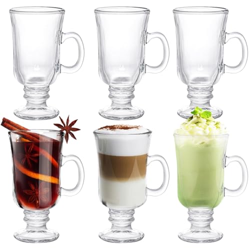 SHANDERBAR Set of 6 Irish Coffee Mugs, 8.8 Oz Irish Coffee Glasses with Handle & Footed Stem Base, Clear Glass Mugs Espresso Glass Cups for Hot Cold Beverages, Tea, Latte, Cappuccino, Smoothie