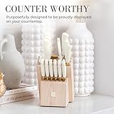 White and Gold Knife Set with Block Self-Sharpening – 14-Piece Titanium Coated Gold and White Kitchen Knives with Ashwood Block and Built-In Sharpener – Luxury Kitchen Accessories, Ideal Gift