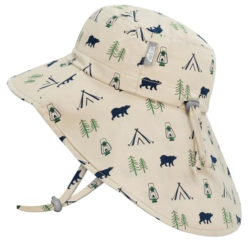 JAN & JUL Breathable Cotton Sun Protection Baby Boy Beach Hat with Neck Flap (M: 6-24 Months, Bear Camp)