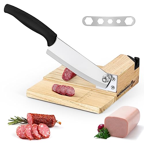 Moongiantgo Biltong Slicer Beef Jerky Cutter with Built-in Knife Sharpener Manual Meat Slicer Rubber Wood Base for Deli Bacon Ham Sausage Fruits Vegetables Herb Ginseng Pastry