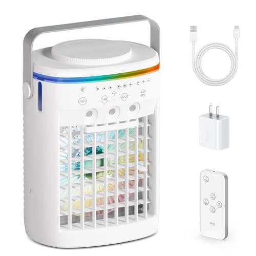 Portable Air Conditioner,Cooling Fan with 3 Speeds &3 Modes,2-8H Timer,1000ml Water Tank, Remote Control,4 in 1 Humidifier, Air Conditioner,Fan,Night Light,Evaporative Air Cooler for Home,Office