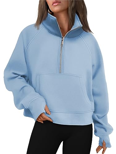 AUTOMET Womens Sweatshirts Half Zip Cropped Pullover Fleece Quarter Zipper Hoodies 2025 Fall Fashion Outfits Clothes LightBlue Large