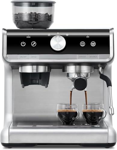 Takywep Semi-Automatic Espresso Machine - 1450W/20 Bar, 30 Grinder Settings, Fast Heating, Milk Frother Steam Wand, Home & Hotel Use, Silver