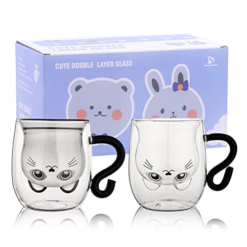 SHENDONG Cute Cat Mugs Set of 2 Tea Coffee Cups with Handle 8.5oz Milk Cup Double Wall Insulated Glass Espresso Cups Gift for Personal Birthday Valentine's Day and Office (2 Pack, White Black