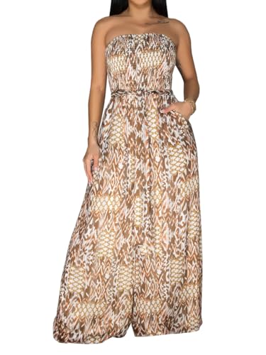 Weafmlia Women's Sexy Jumpsuits Print Chest Wrap Backless Sleeveless Loose Long Pants Jumpsuit Brown S