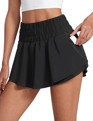 CRZ YOGA Athletic Shorts for Women High Waisted Flowy Ruffle Skirt Overlay for Workout Running Tennis with Zip Pocket Black Large