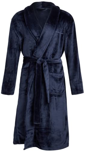 Eddie Bauer Plush Bath Robe for Men - Soft Fleece Plush Luxury Spa Men's Bathrobe | Mens Robe with 2 External Pockets and Belt | Blue Bathrobes for Men