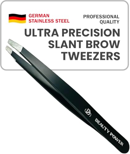 Beauty Power Professional Tweezers - Slant, Durable Lightweight German Stainless Steel, Ultra Precision Tweezers for Eyebrows, Facial Hair, Chin, and Ingrown Hair Removal - Gift (Matte Black)