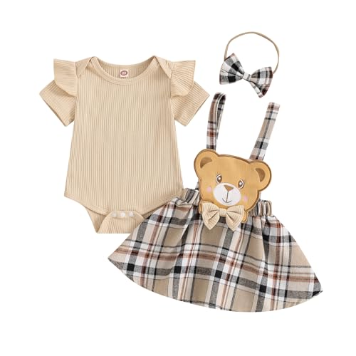 Newbgclo Infant Baby Girl Summer Clothes Set Short Sleeve Ribbed Romper Plaid Suspender Skirt Headband Sets Outfits (Khaki, 0-3 Months)