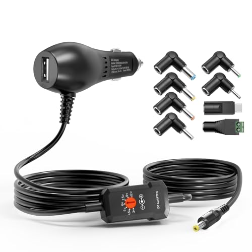 Powseed 34W 3V 4.5V 5V 6V 7.5V 9V 12V DC Car Charger with 8 Tips and USB Cigarette Lighter Adapter Power Supply Cord for Portable DVD Player Dash cam Breast Pump Speaker Micro USB Car Adapter