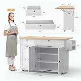 60" Kitchen Island with Power Outlet & Drop Leaf, Kitchen Rolling Island with Spice Rack & Towel Rack, Knife Holder, Kitchen Island Cart with Trash Storage Cabinet, Mobile Island Table for Kitchen