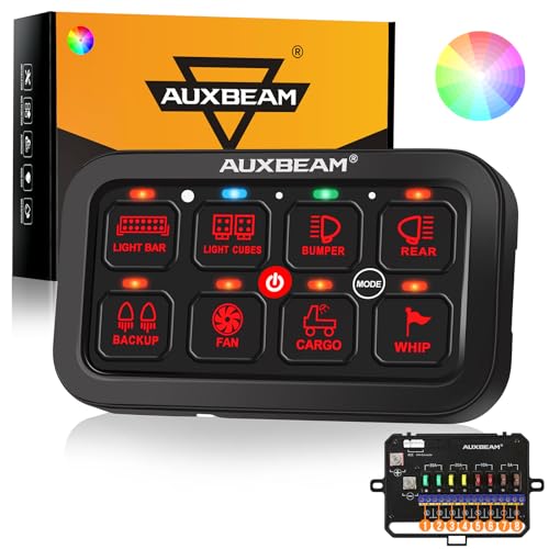 Auxbeam 8 Gang Switch Panel RA80 Toggle Momentary Pulsed RGB Dimmable Switch Panel Multifunction Switch Panel Easy Installation Marine Switch Panel IP65 Waterproof for Car Boat RV, 2 Years Warranty