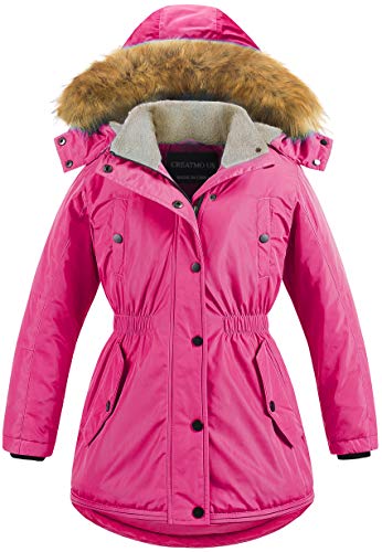 CREATMO US Girl's Winter Parka Coat Warm Padded Hooded Long Ski Puffer Jacket Rose Red 6/7