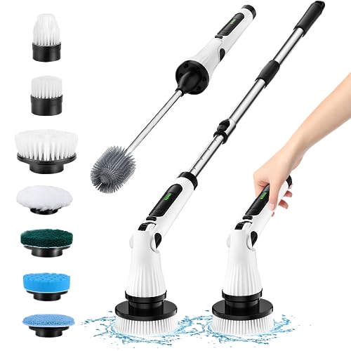 Leebein Electric Spin Scrubber, Electric Cleaning Brush with 8 Replaceable Brush Heads, Long Handle Toilet Scrub Brush, 4 Angles Adjustable Cordless Spin Scrubber for Bathroom, Tub, Tile, Toilet