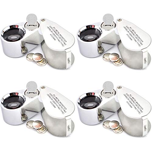 Onwon 4 Pieces 40X 25mm Illuminated Jewelry LED UV Lens Loupe Magnifier with All Metal Construction Folding Jewelers Magnifying Glass with Protective Case for Currency Detecting Jewelry Identifying