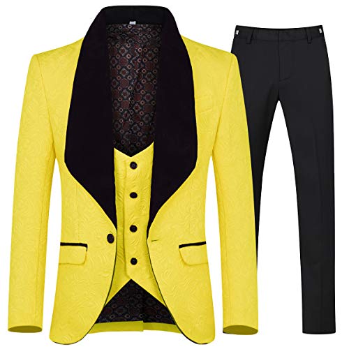 YFFUSHI Men's 3 Piece Suit Slim Fit Jacquard Tuxedo One Button Shawl Collar Jacket Vest Trousers Yellow