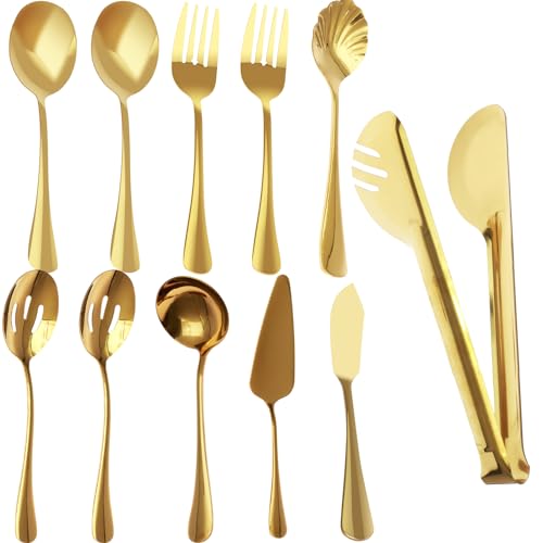 11Pcs Silverware Set Spoons and Forks Set Stainless Steel Flatware Set with Spoons Forks Scrapers and 24cm Tong Silver/Gold Tableware Cutlery Set Kitchen Utensils Dishwasher Safe for Wedding Party