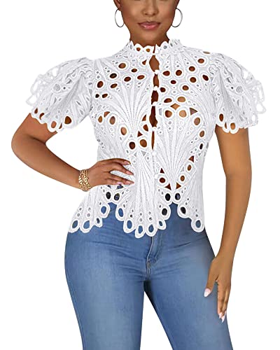 Doweha Ruffle Short Sleeve Blouses for Women Fashion See Through 2024 Summer Top Sexy Cute Peplum Button Down Shirt Tunic White XXL