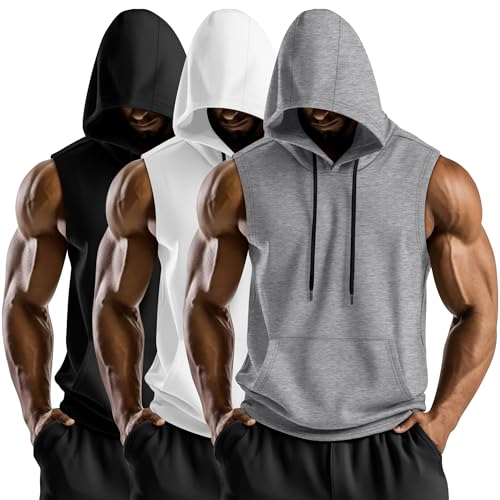 August Alley 3 Pack Men's Hooded Tank Tops, Cotton Workout Sleeveless Gym Hoodie Muscle Bodybuilding Running Cut Off Shirts(Light Gray, White, Black,3X-Large)