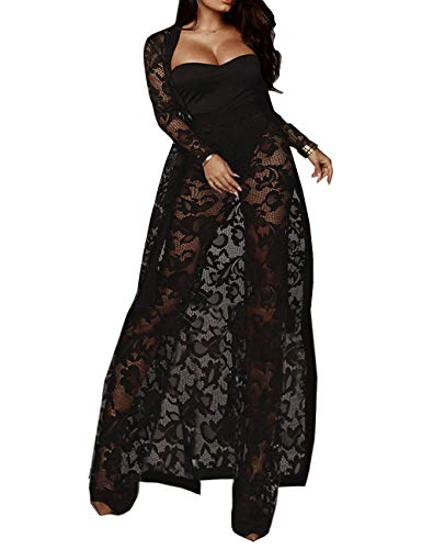 xxxiticat Women's Sexy Lace Transparent See Through Wide Leg Pants Tube Top Long Coat Sets Suits(BL,2XL)
