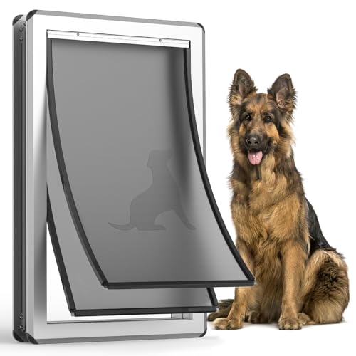 Yicostar Aluminum XL Dog Door for Exterior Door,Open Size:24.4" H x 13.8" W,Heavy Duty Doggy Door with Enclosed Magnetic Flaps,Extreme Weather Doggie Doors (Silvery, X-Large)