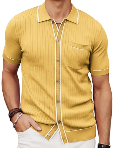 PJ PAUL JONES Polo Shirts for Men Short Sleeve Knit Texture Polo Shirts Retro Button Down Shirt Yellow M