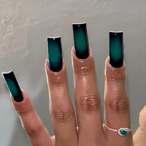 MISUD Press on Nails Long Square Fake Nails Glossy Glue on Nails Goth Black Acrylic Nail Supplies Squoval Artificial Nail Art Gothic Green Ombre Stick on False Nails with Design DIY 24 pcs