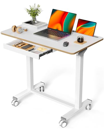 Liftsync Mobile Standing Desk, 35inch Small Rolling Table with Drawer, Height Adjustable Sit Stand Workstation, White Portable Laptop Cart with Hidden Wheels or Lockable Casters