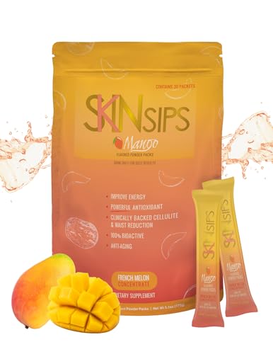 SkinSips Skin Health & Energy Boost Drink Mix- Sugar Free, SOD B (TM), Antioxidants from French Melon Concentrate, On The Go Stick Packs, Mango, 30 Pack