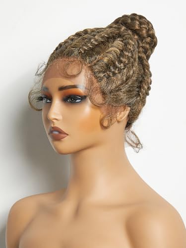 GORGIUS Updo Braided Wigs Honey Brown Braiding Cornrow Bun Wig Pre Handmade Highlight Synthetic Lace Front Wig with Baby Hair Natural Hairline Braids Wig For Women