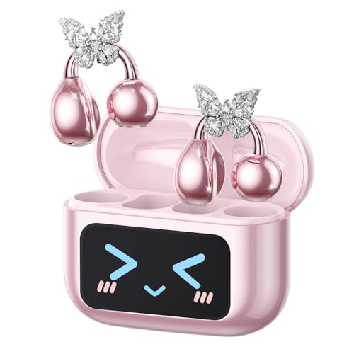Stylish Open Ear Clip On Earbuds with Removable Butterfly Earring, Clip On Headphones with LCD Touch Screen, Fashionables Open Ear Headphones for Women, Pink Butterfly Earring Earbuds
