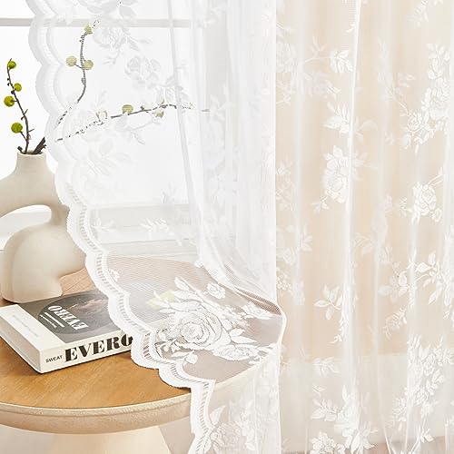 White Lace Curtains 84 Inches Long for Living Room Bedroom Victorian Floral Sheer Curtains 2 Panels Set Rod Pocket Light Filtering Vintage Western Edges Crochet Drapes for Window Decor, 52x84