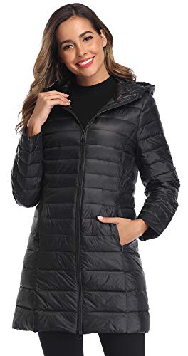 Obosoyo Women's Winter Packable Down Jacket Plus Size Lightweight Long Down Outerwear Puffer Jacket Hooded Coat Black 2XL