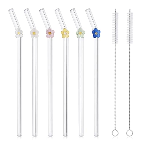 DUMING-IN 6 Pcs Reusable Glass Straws with 2 Cleaning Brushes, Cute Colorful Flower Glass Straw Shatter Resistant, Reusable Straws Dishwasher Safe for Smoothies, Milkshakes, Juices, Teas