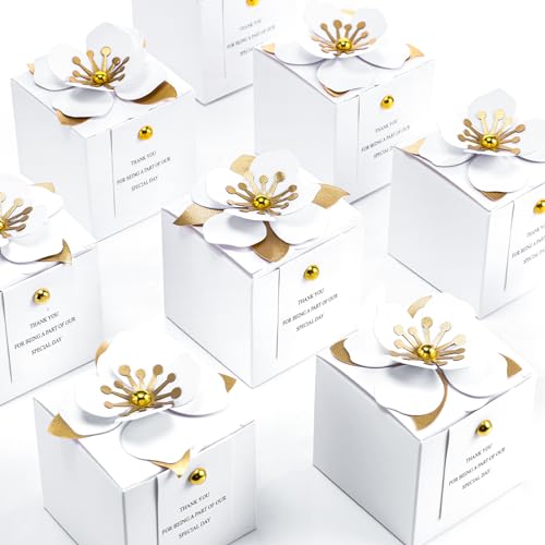 Affrolling 50 Pcs Wedding Favor Boxes with Thanks Card Square Flower Candy Boxes Paper Bridal Gift Box for Guests Wedding Bridal Shower Birthday Party Anniversary(White)