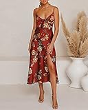 Fashionme Women Spaghetti Strap Midi Satin Dresses Tie Front Backless Split Summer Casual Floral Dress Hollow Flowy Slip Dress Sundress Wedding Guest Beach Cocktail Graduation Maroon