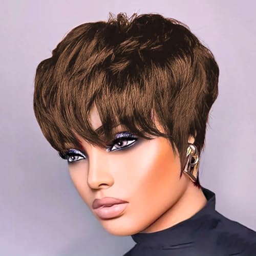 SAEIALL Short Wigs for Black Women Human Hair Chocolate Brown Colored Pixie Cut Wig for Women Brazilian Real Human Hair Summer Wig Full Machine Made Glueless Wigs Easy to Wear