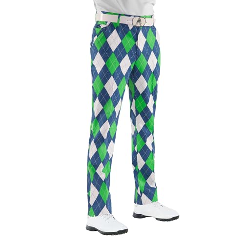 Royal & Awesome Blues on The Green Crazy Golf Pants for Men, Funny Golf Pants Men Slacks, Mens Golf Pants, Colorful Funky Golf Pants, Green Checkered Pants Diamond