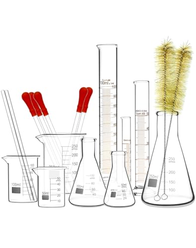 QWORK Lab Glassware Set, Quality Borosilicate Glass Beaker Flask Cylinder Set, Heat Resistant, Ideal for Laboratories and School Science Experiments