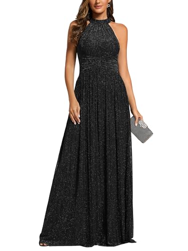 Ever-Pretty Women's Summer Halter Sleeveless Pletaed Floor Length Glitter Formal Evening Gowns Black US12