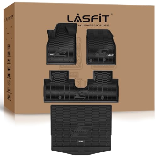 LASFIT Floor Mats and Trunk Mat for Ford Mustang Mach-E 2025 2024 2023 2022 2021 (Cargo Floor in Top Position) All Weather TPE Car Liners, 1st & 2nd Row & Cargo Liner, 4pcs Black