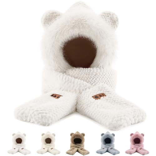 Hooded Scarfs for Women Winter, Cute Bear Scarf for Girls and Kids, 3 in 1 Christmas Scarfs for Women, Faux Fur Hat Scarf Gloves Set Christmas Gift