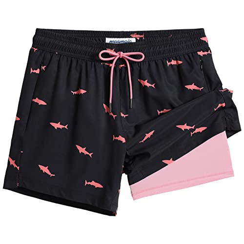 maamgic Mens Swim Trunks with Compression Liner 5" Stretch Beach Shorts Quick Dry with Zipper Pockets No-Chafing Board Shorts Black-Pink Shark L