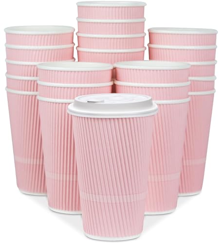 Glowcoast Disposable Coffee Cups With Lids - 16 oz To Go Coffee Cup (70 Pack). Large Travel Cups Hold Shape With Hot and Cold Drinks, No Leaks! Insulated Ripple Cups Protect Hands, No Sleeves needed!