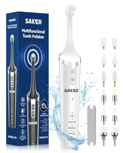 Saker Tooth Polisher, 2 Set Replacement Polishing Brush Heads(12pcs) Included, Rechargeable Tooth Polishing Kit, Dental Teeth Polisher with LED Light, 5 Speed Modes, Waterproof - White