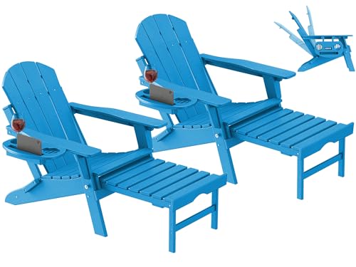 NAVINE Adjustable Adirondack Chair with Retractable Ottoman Set of 2, HDPE Folding Adirondack Chair with Cup Holder, All Weather Fire Pit Chair for Outdoor,Pacific Blue