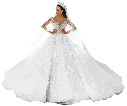 GREOENEL Amor Luxury Ball Gown Wedding Dresses Beading Flowers Tulle Saudi Arabic Dubai Bridal Dresses Cathedral Train (as1, Alpha, one_Size, Regular, Regular)