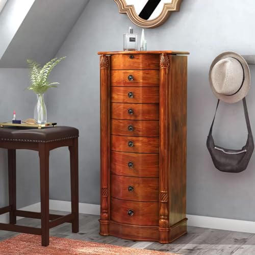 Alveare Home Louisa Standing Locking Jewelry Armoire – Wood Storage Cabinet with Mirror, 8 Drawers, Necklace Hooks, Ring Rolls & Cord Organizing Port – Safe & Elegant Organizer, Oak