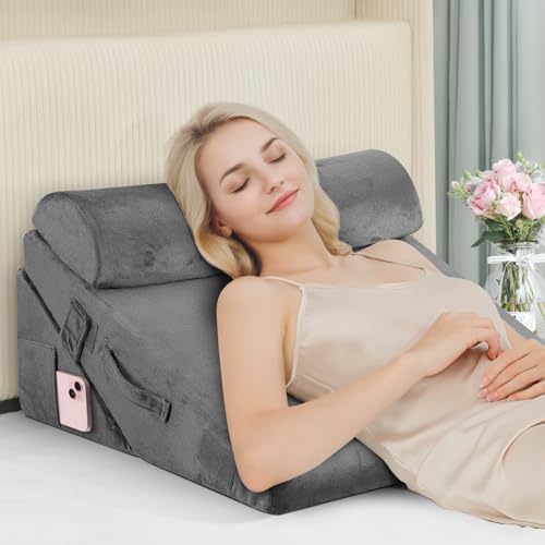 Domusensus Bed Wedge Pillow for Sleeping,9 & 12 Inch Wedge Pillow for Acid Reflux Heartburn, 10 in 1 Cooling-Gel Pillow Wedge for After Surgery, Adjustable Elevated Pillows for Sleeping,Dark Grey