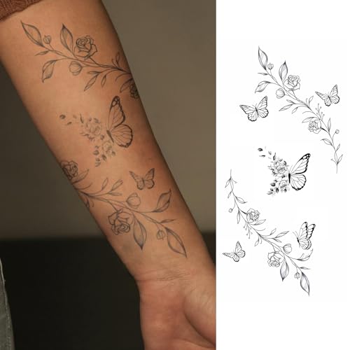 WEEKINK Leaf Vine Branch & Butterfly Sleeve Temporary Tattoos – Arm Flower Designs, Waterproof & Long-Lasting Semi-Permanent Fake Tattoos for Women